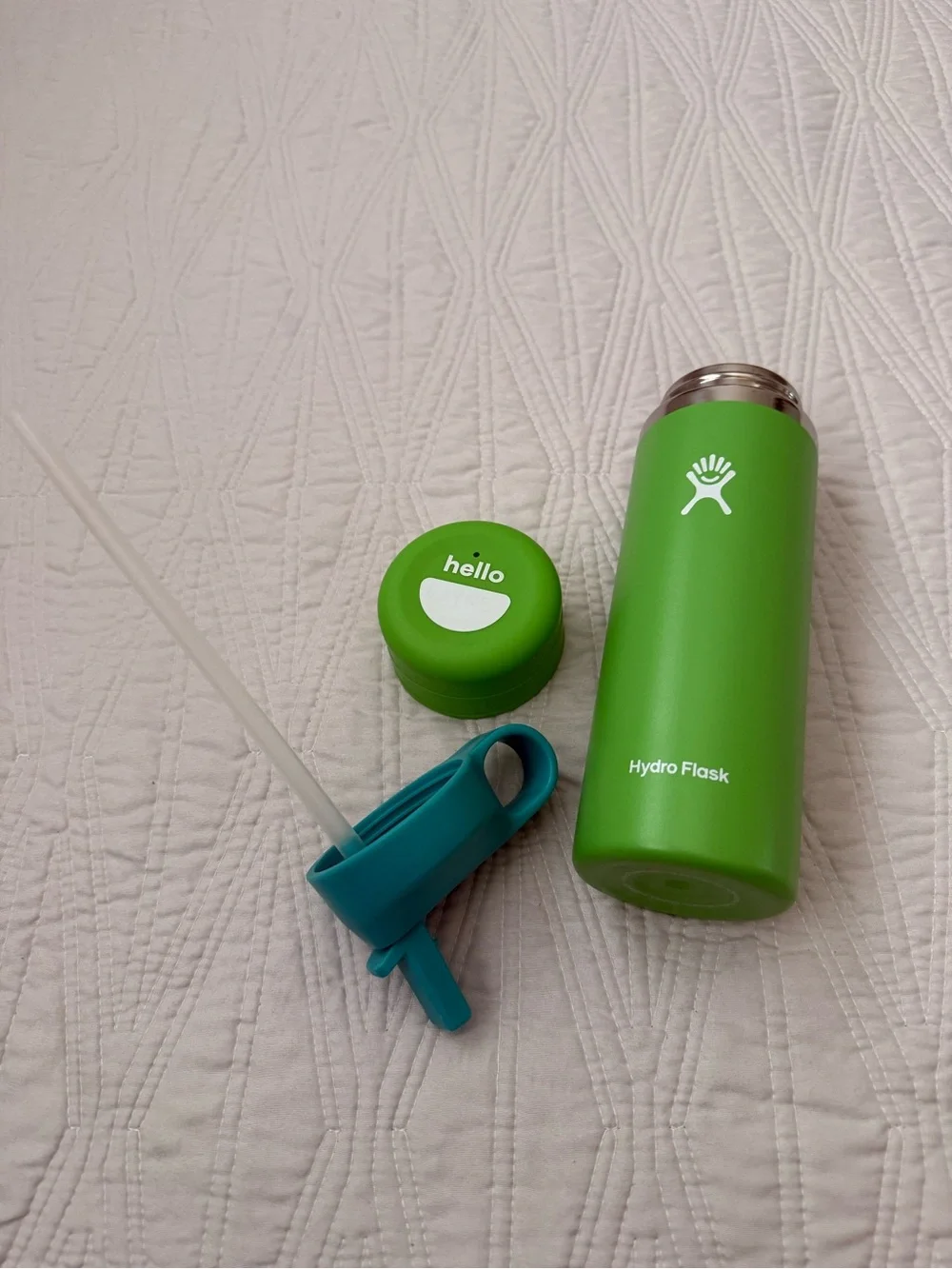 Hydro Flask lime green insulated bottle with teal straw lid